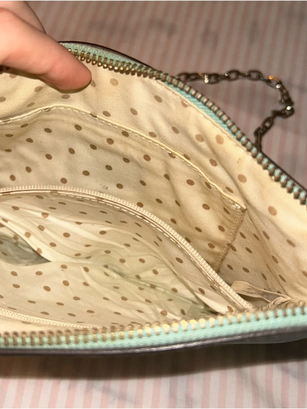 Kate spade Turquoise Leather Interior polka dots, Chain Strap Crossbody